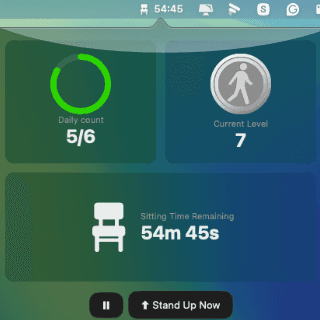 Break in Motion menu bar dashboard with daily count, level 7 and sitting time remaining
