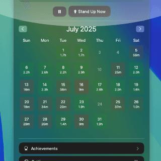 Break in Motion calendar view showing standing time for each day of July
